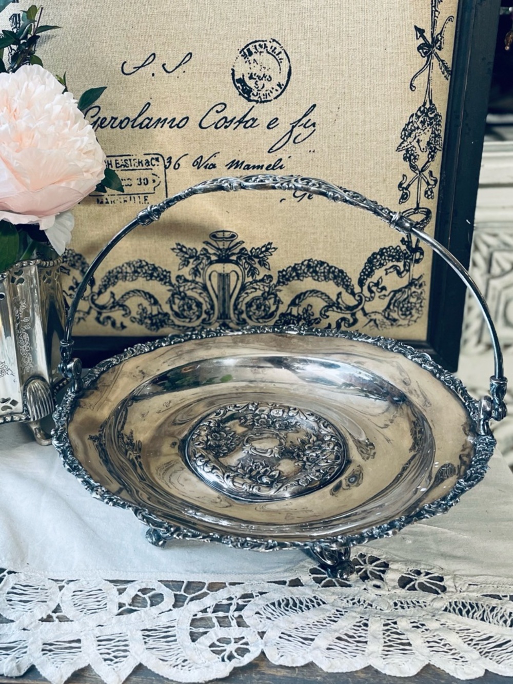 Vintage Homan silver floral footed bowl handle old money Hollywood glam decor